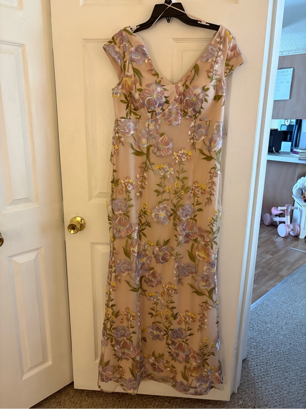 R&M Richards Blush Evening Gown with Lavender and Green Floral Embroidery